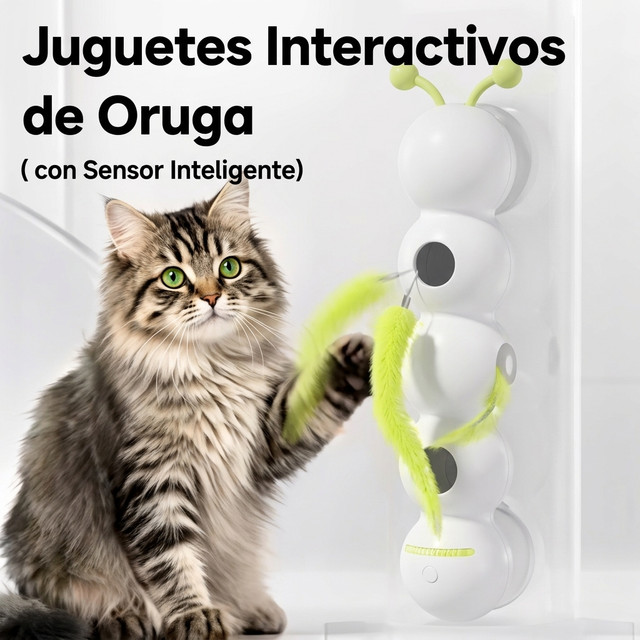 Gato jugando con juguete interactivo tipo oruga inteligente