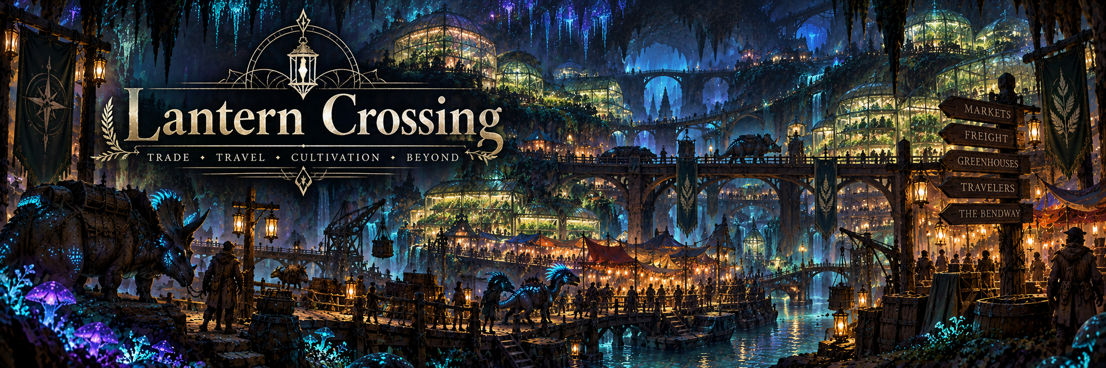 Lantern Crossing glowing with greenhouse light, markets, bridges, and freight traffic