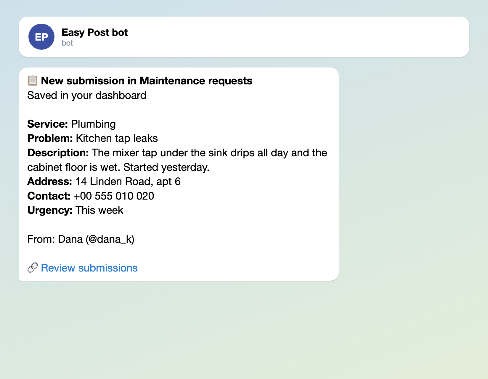 Private Telegram message to the building manager: a new request with service, problem, description, address, contact and urgency, a line saying it is saved in the dashboard, the sender's name and username, and a link to the requests; no buttons