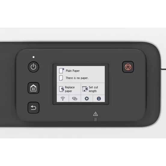 Canon imagePROGRAF TC-21 printer shown from a side view, highlighting its sleek design and compact form factor.