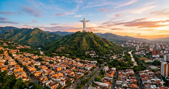 Vista del oeste de Cali con el Cristo Rey al fondo y profesionales de servicios del hogar