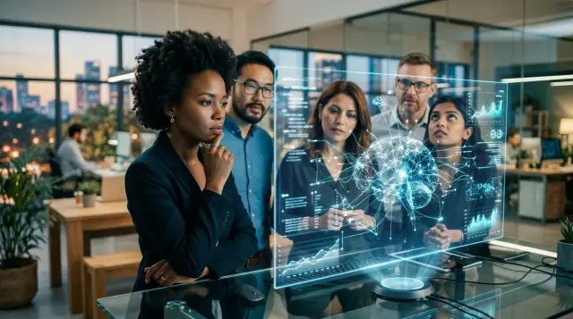 Diverse professionals contemplating a holographic AI data display with mixed expressions of curiosity and concern