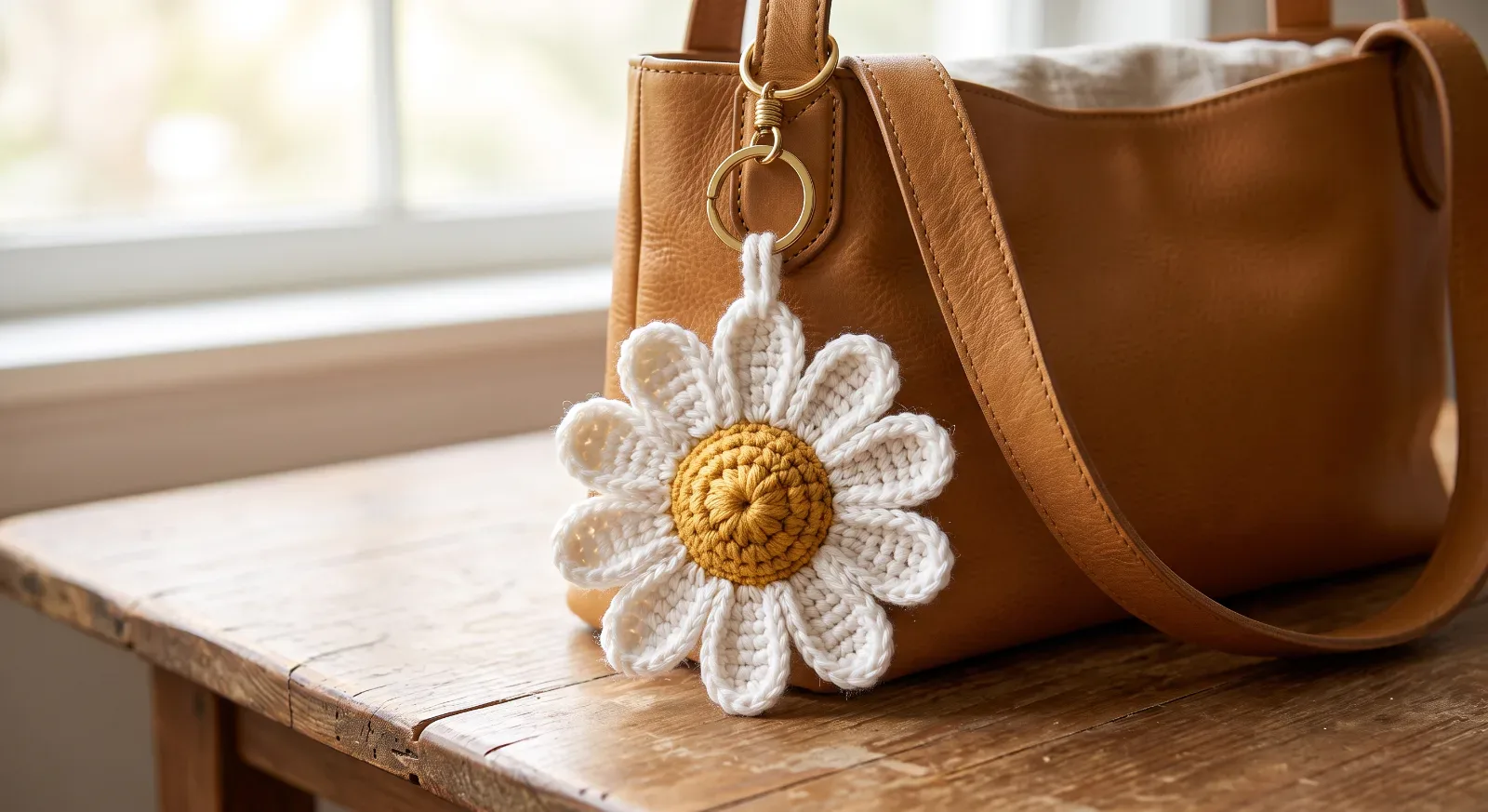 Daisy Bag Charm finished crochet project
