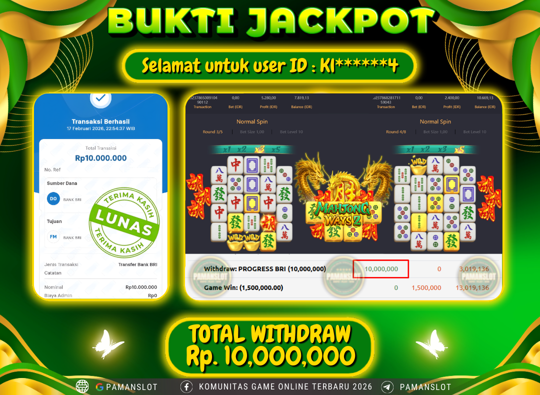 PAMANSLOT JACKPOT Game PG - Mahjong Ways  Rp.10,000,000- LUNAS