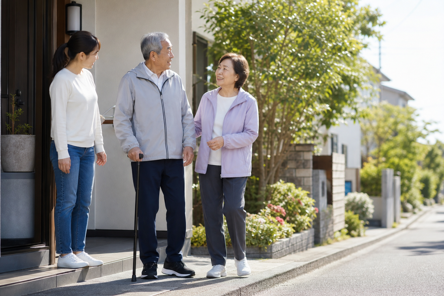家族と安全を確認しながら屋外歩行へ出かける高齢者