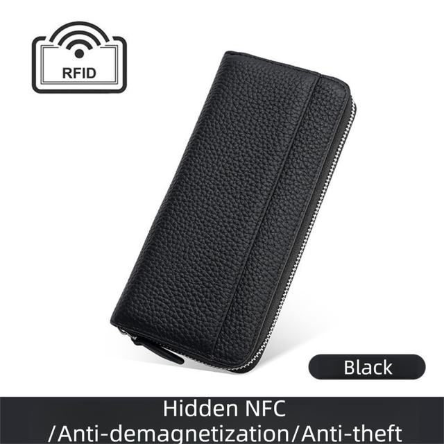 Black Genuine Leather Women's Long Wallet with RFID Blocking & Hidden NFC - Large Capacity Phone Purse with 180° Zipper Closure, 18 Card Slots, Coin/Cash Pockets and for Daily Travel Use