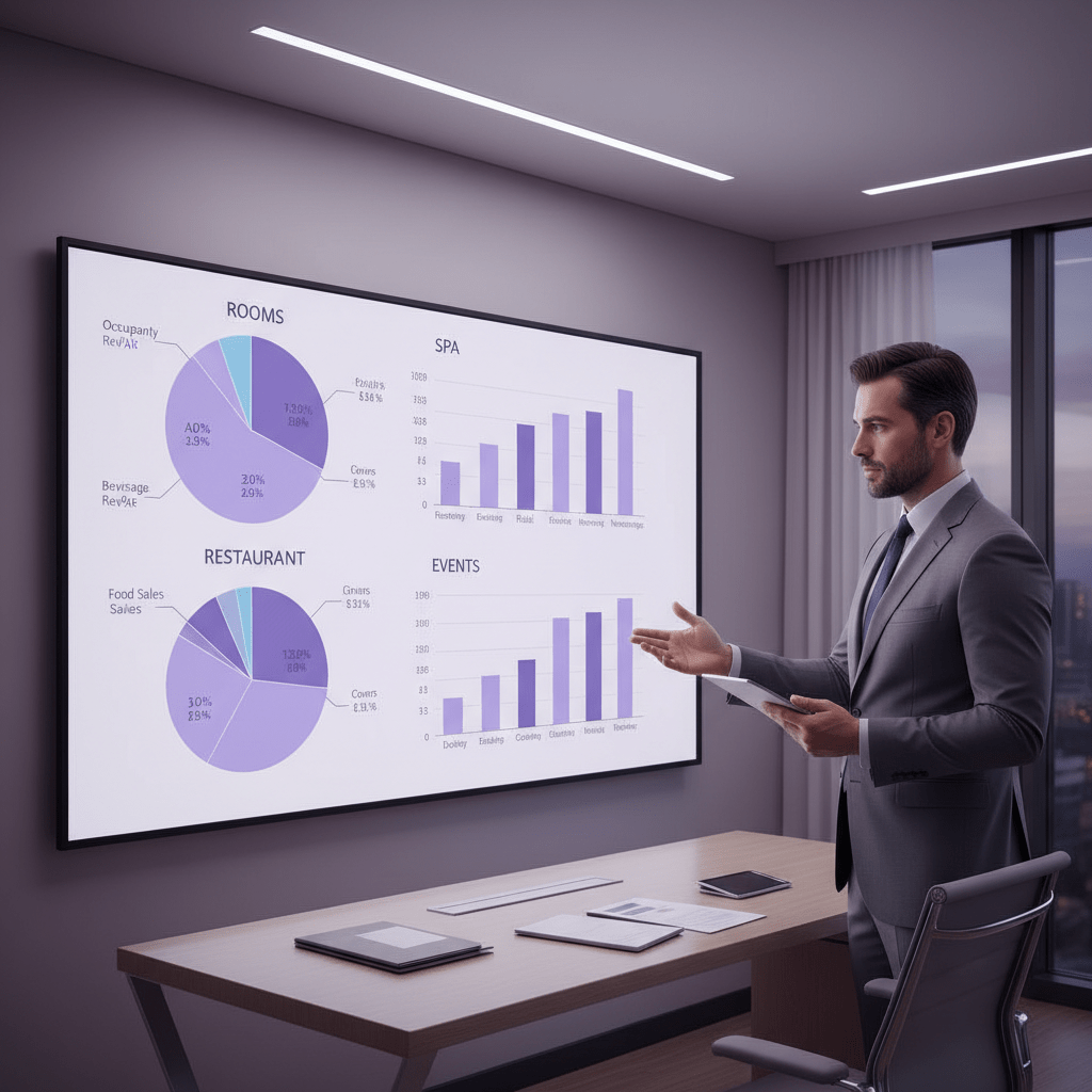 Hotel manager analyzing departmental profitability charts