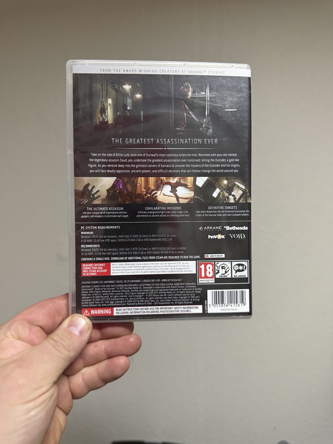 Death of the Outsider back cover stating Steam activation and additional downloads