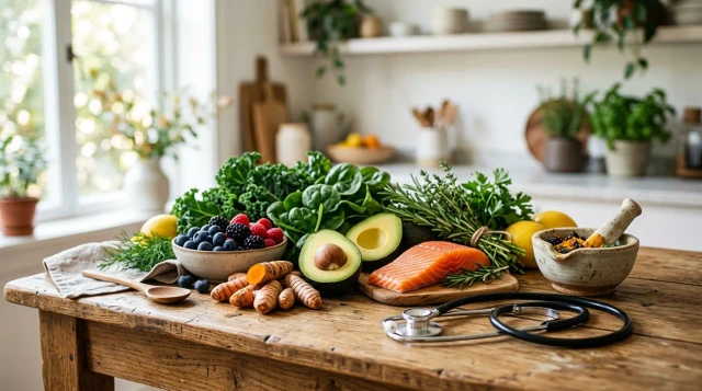 Fresh whole foods arranged beside a stethoscope on a warm wooden table, hopeful tone