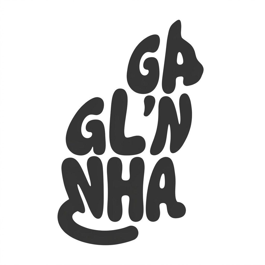 Tipografia profissional da palavra GALINHA distorcida no formato de uma gata, estilo fonte bolha em cinza escuro sobre fundo branco.