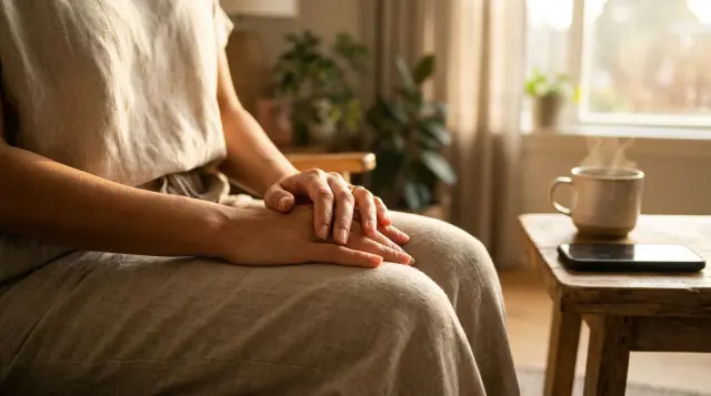 Relaxed hands resting in lap during morning meditation with warm sunlight streaming in