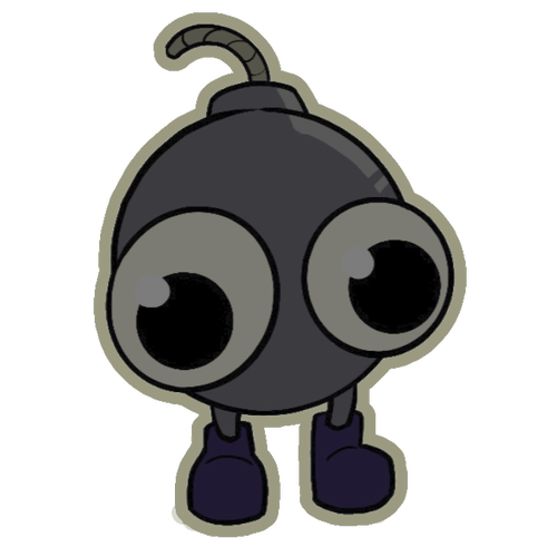 Regular Bomb concept art image. Shows a cartoon style dark grey bomb with a light brown unlit fuse on the top, 2 cartoon eyes, 2 dark grey legs with 2 dark blue boots.