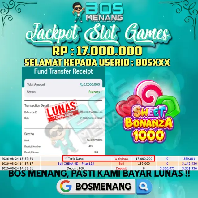 Tanggal 24 AGUSTUS 2026 - JACKPOT SLOT GAMES - Sweet Bonanza 1000 (Pragmatic Play)  Rp 17.000.000,-