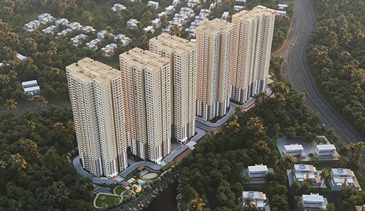 Landscaped green spaces and Olympic-sized clubhouse swimming pool in Kondapur gated community