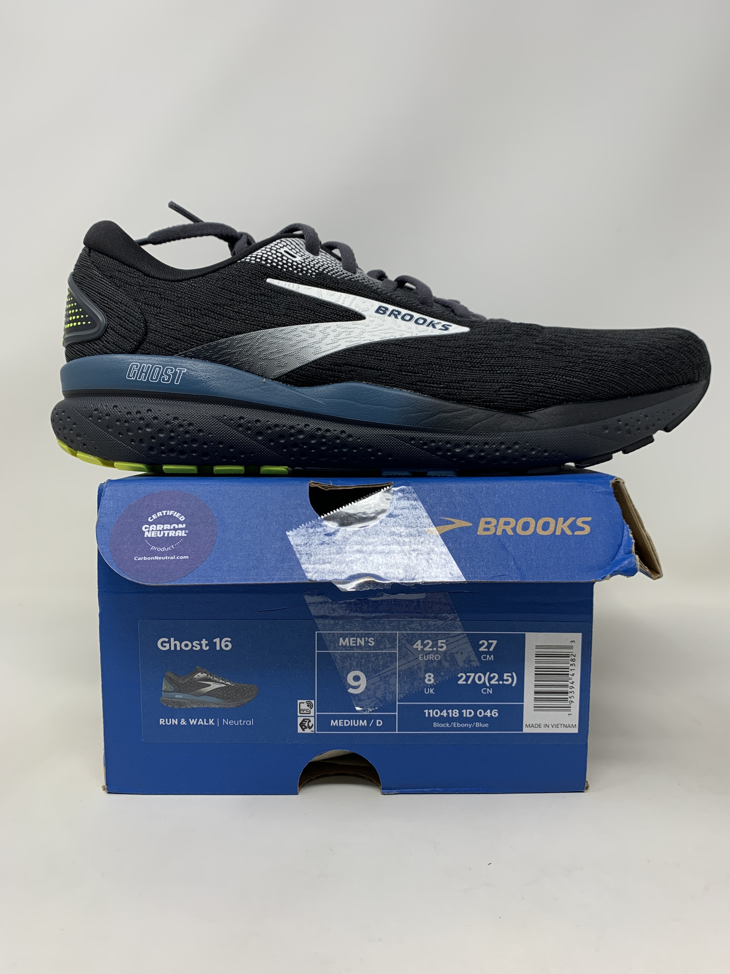 Men's Brooks Ghost 16, Black/Ebony/Blue, 9 D Medium US