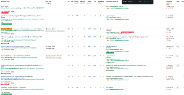 Backlink list showing spam domains