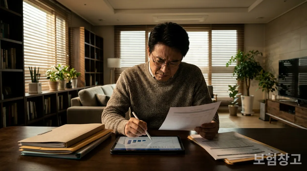 50대 한국인이 다양한 보험 서류와 금융 차트가 보이는 태블릿을 신중하게 검토하는 모습, 사려 깊고 약간 걱정스러운 표정을 짓고 있음