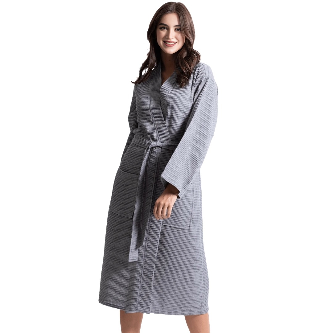 Women's Waffle Silver Long Premium Cotton Blend Bathrobe (Small)