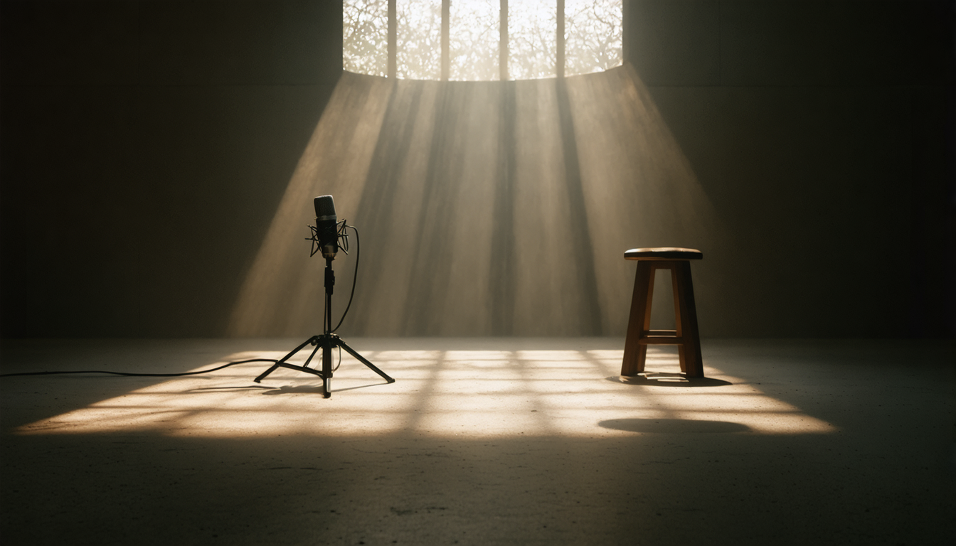 An empty modern podcast studio with a single microphone lit dramatically, resembling a pulpit in a dark church.
