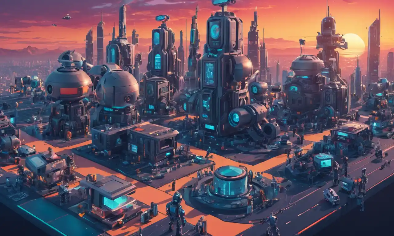 Un futurista paisaje urbano con robots y naves espaciales al atardecer, rodeado de carretes y cámaras de cine.