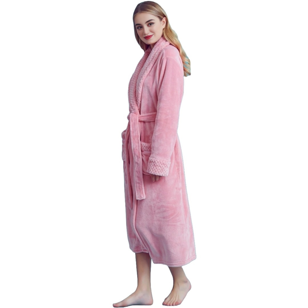 Women Plush Shawl Collar Robe, Fleece Bathrobe, Pink (S/M) view 2