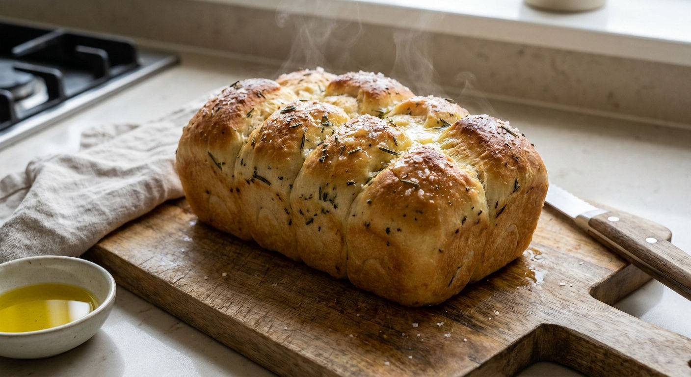 Swiezo upieczony chlebek ziolowy do odrywania.