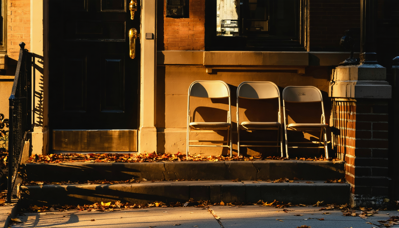 A dimly lit Harlem stoop at dusk, empty chairs arranged as though a conversation just ended, golden streetlight on brownstone steps.