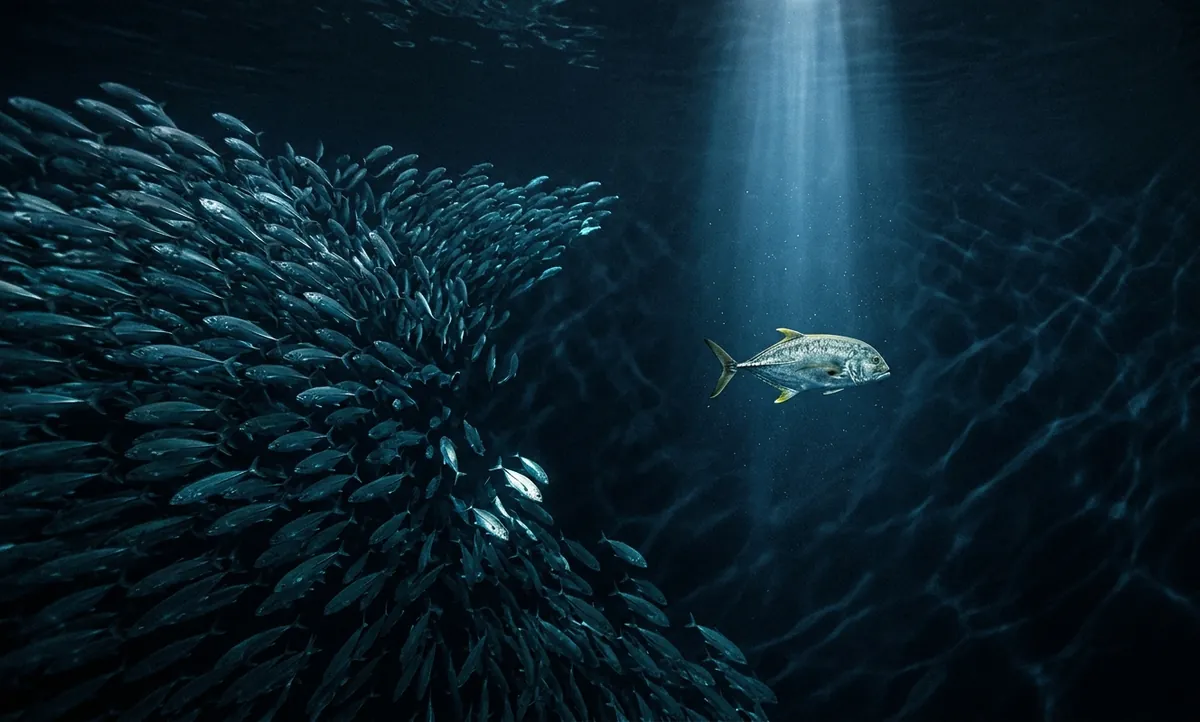 Peixe solitário nada contra cardume em movimento