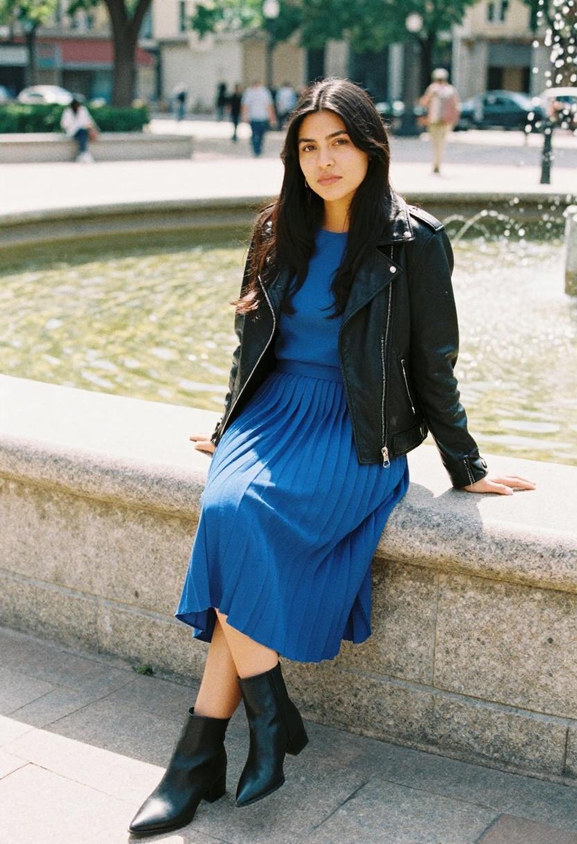 Cobalt blue pleated midi skirt with leather moto jacket at plaza