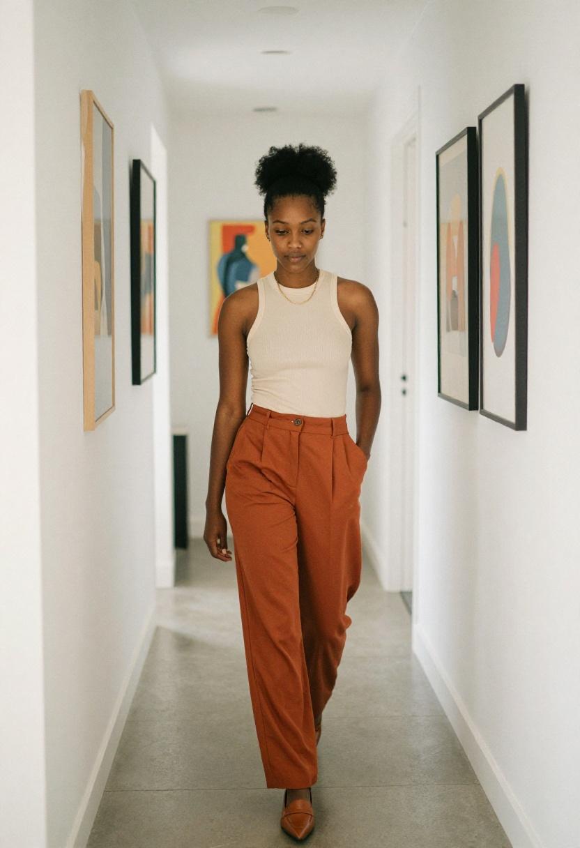 Rust orange wide-leg trousers and cream ribbed top for comfortable WFH professionalism
