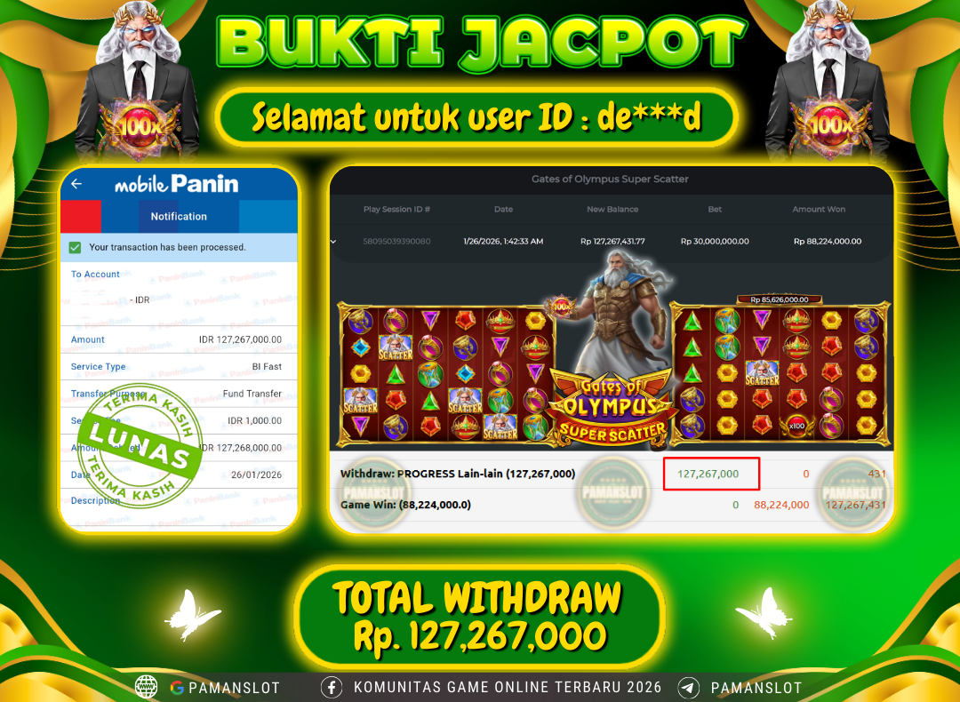 PAMANSLOT JACKPOT Game PP - Gates of Olympus Super Scatter Rp.127,267,000- LUNAS