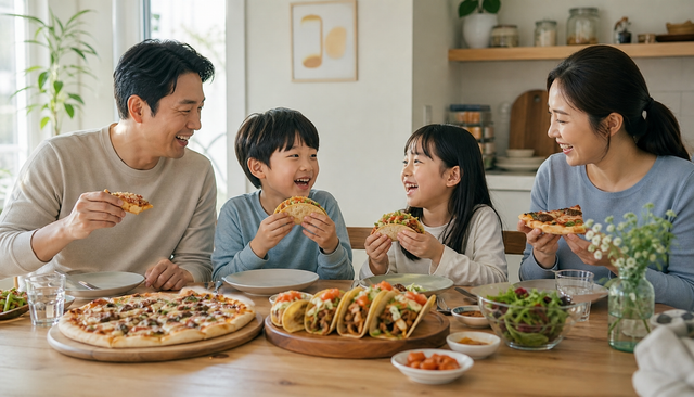 밝은 가정 환경에서 김치 타코와 불고기 피자를 즐기는 한국인 가족