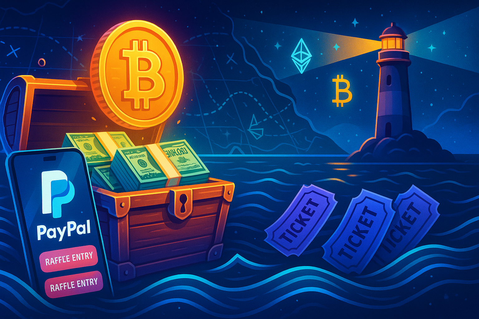 Illustration of PayPal's Bitcoin raffle promotion offering up to $100K prizes for US users