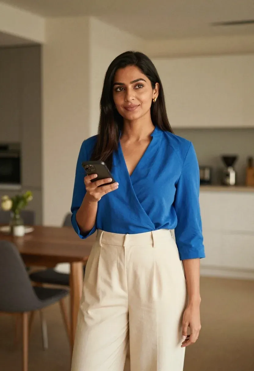 South Asian woman with sleek dark hair in a cobalt blue wrap blouse and tailored cream trousers for a polished professional look