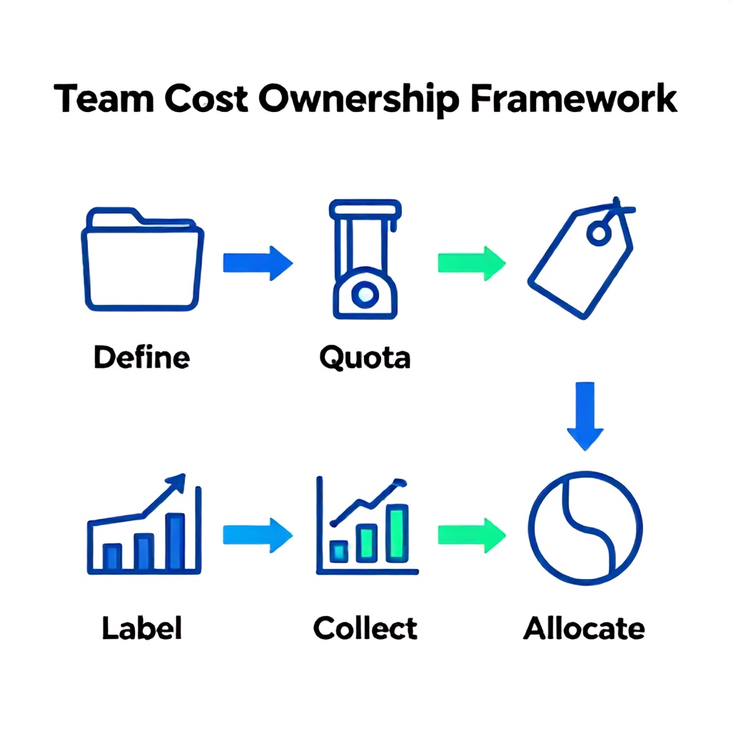 5-phase framework diagram: Define cost centers, set quotas, instrument labels, collect usage data, allocate costs