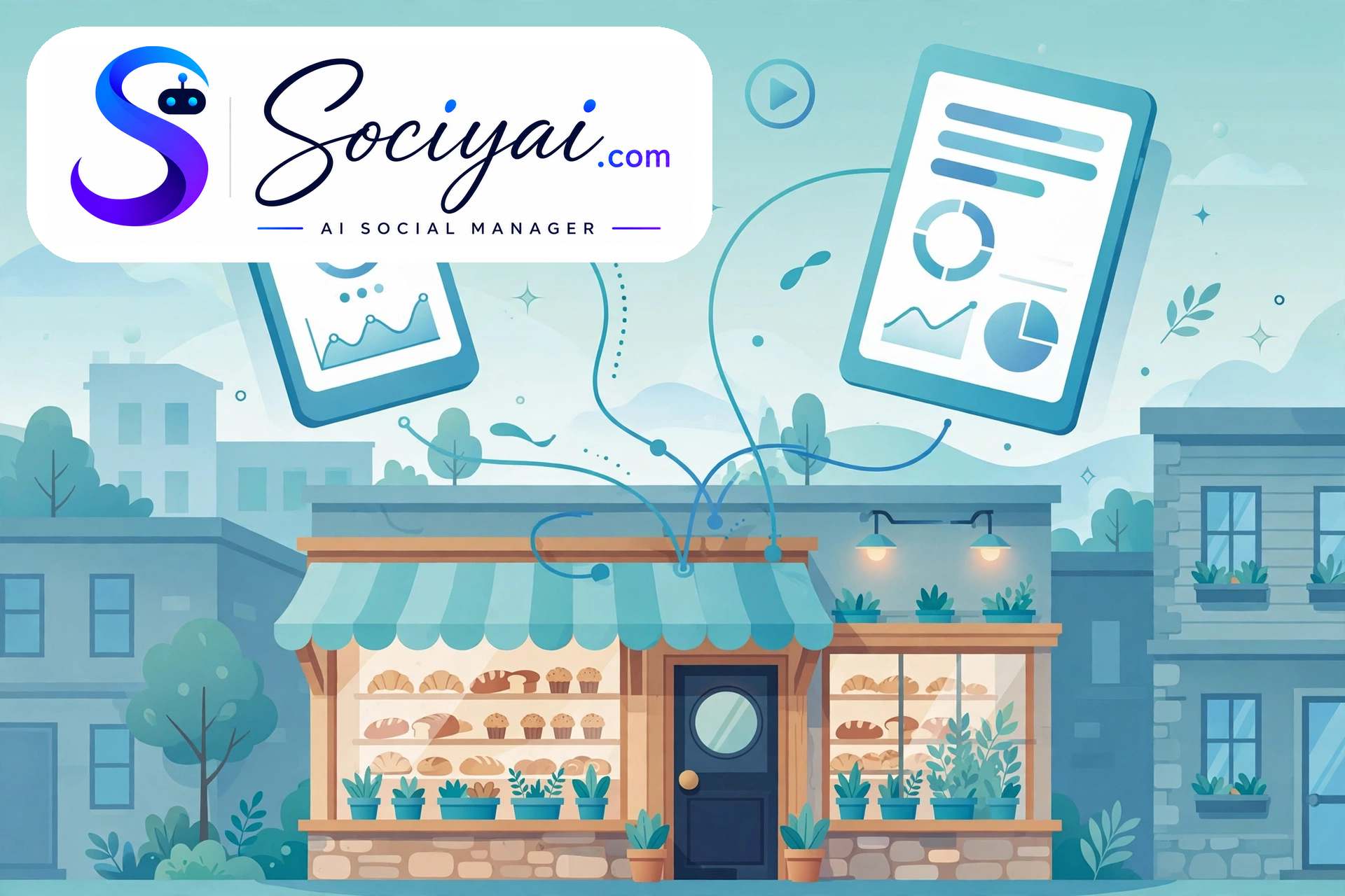 Illustration of a small bakery storefront with social media analytics dashboards, charts and automation flow lines above it