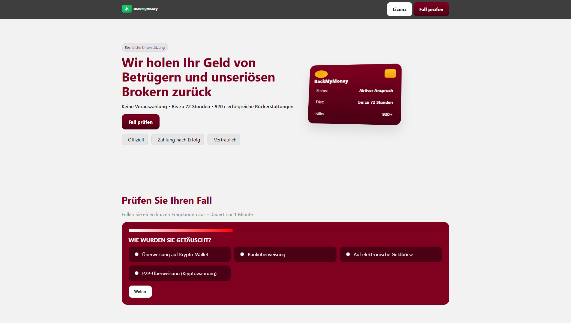 Forensic screenshot of back-my-money-law.cam showing the phishing page layout