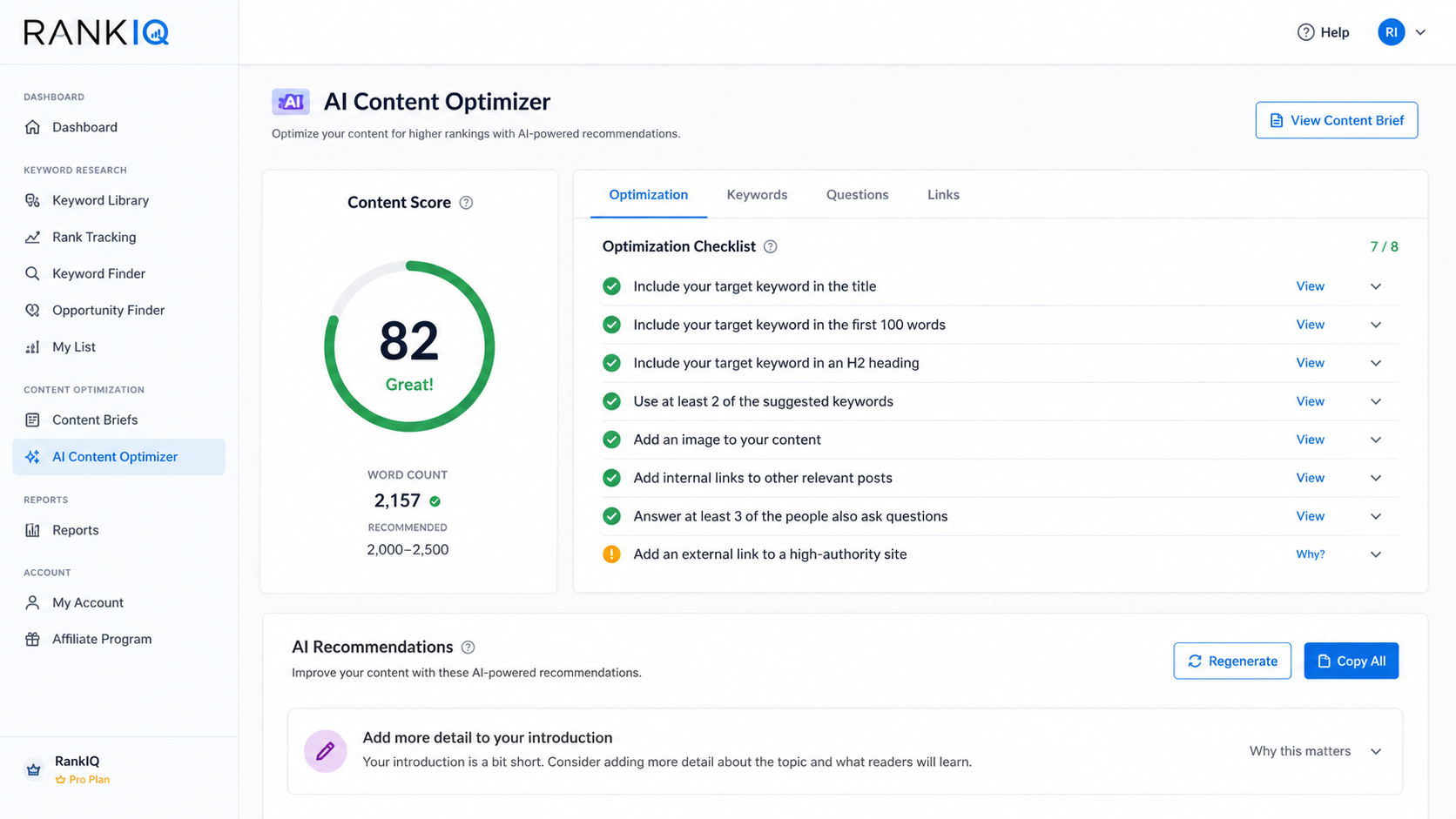 RankIQ SEO Content Optimization Dashboard for Bloggers RankIQ dashboard displaying keyword opportunities, SEO content optimization scores, ranking analysis, and AI-driven recommendations for bloggers
