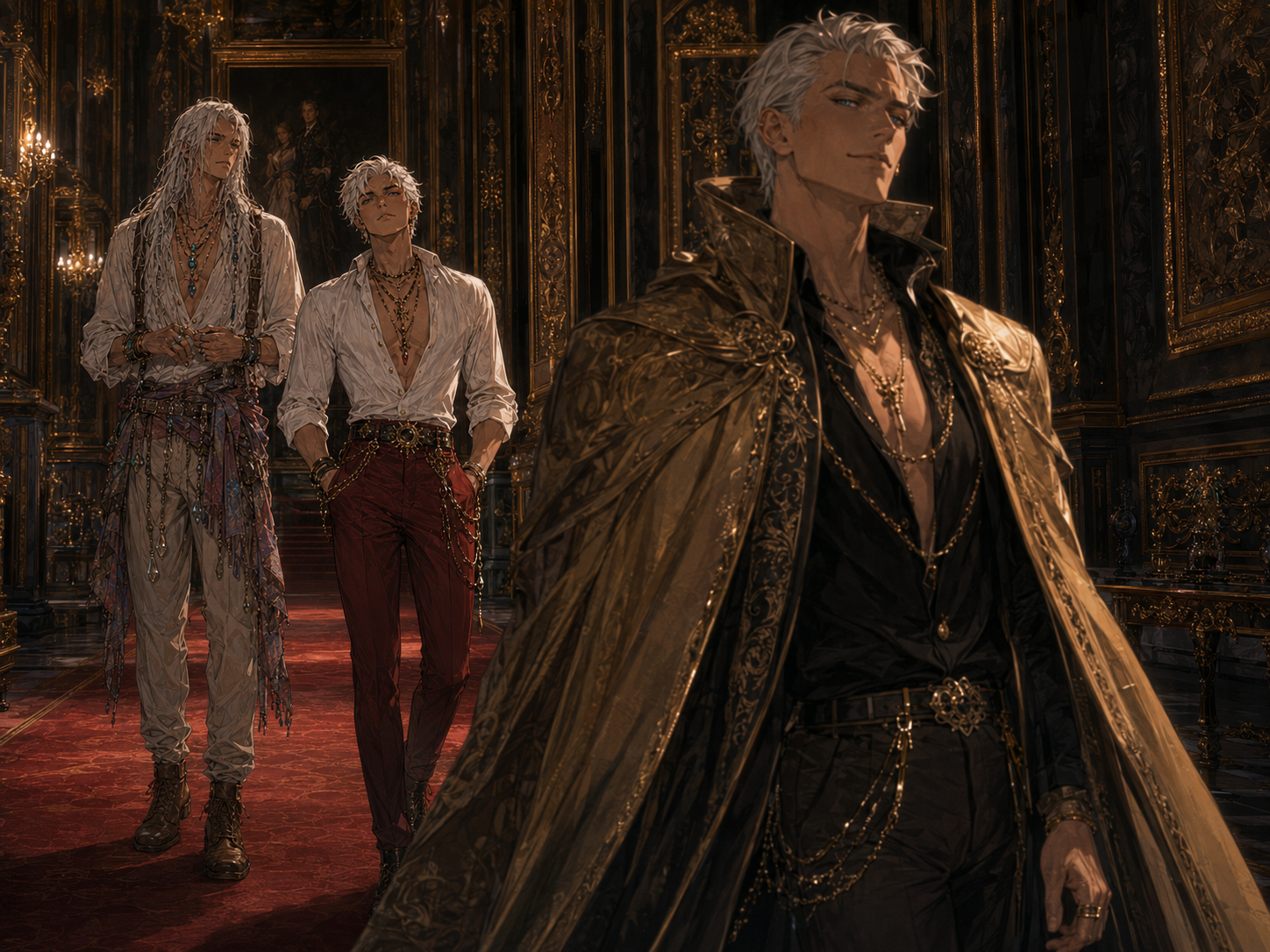 Apollo, Landon, and a Serpentine figure walking through the family house.
