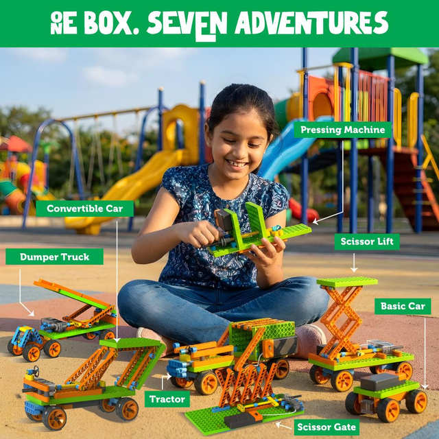 Indian girl building engineering kit at school — hands-on STEM learning in action