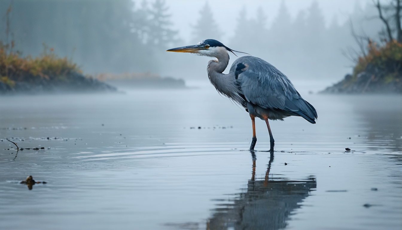 A lone great blue heron standing motionless in shallow grey tidal water at dawn, body reflected in still surface