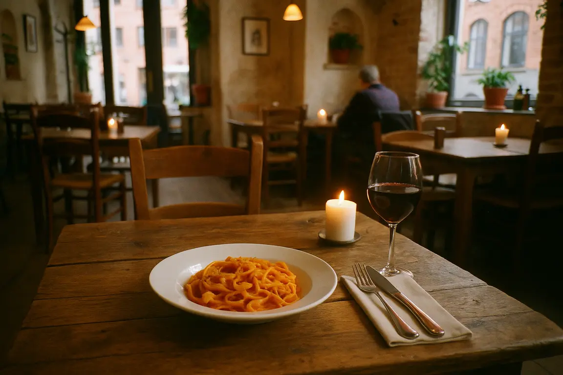 Et rustikt italiensk måltid med pasta og vin på et restaurantbord i København