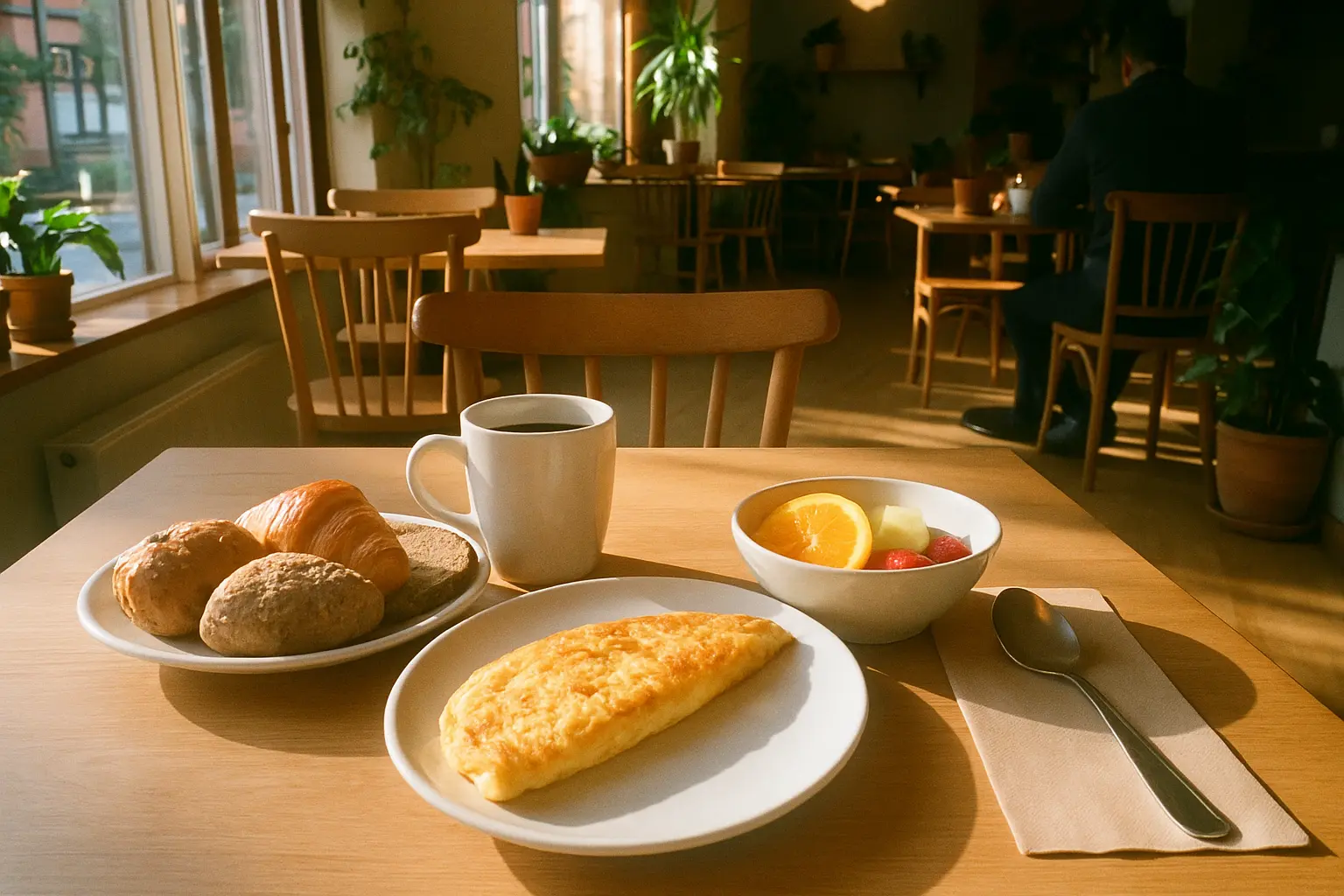 Frisk anrettet morgenmad med kaffe på et hyggeligt bord i en morgenmadsrestaurant