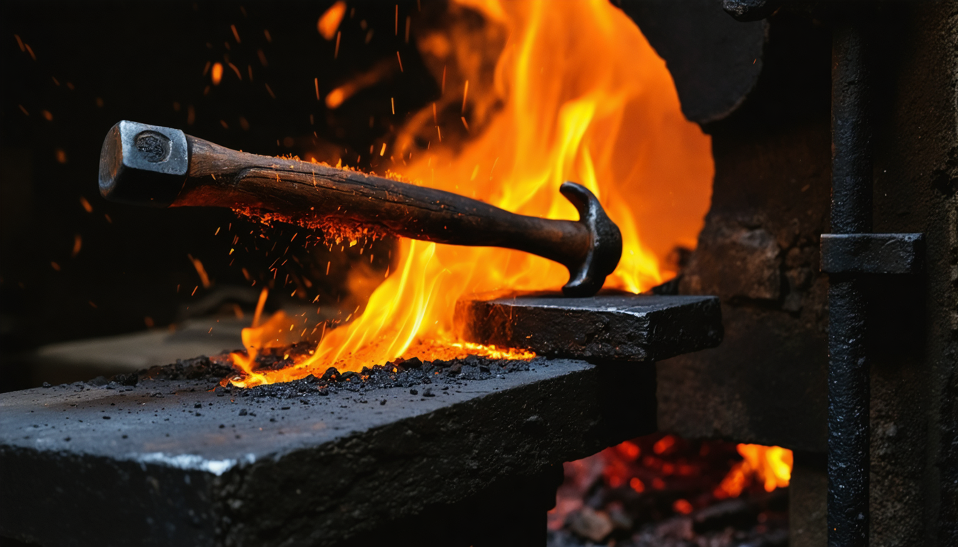 A blacksmith's hammer paused at the top of its swing above glowing steel on an anvil, the metal radiant and unattended in the dark.