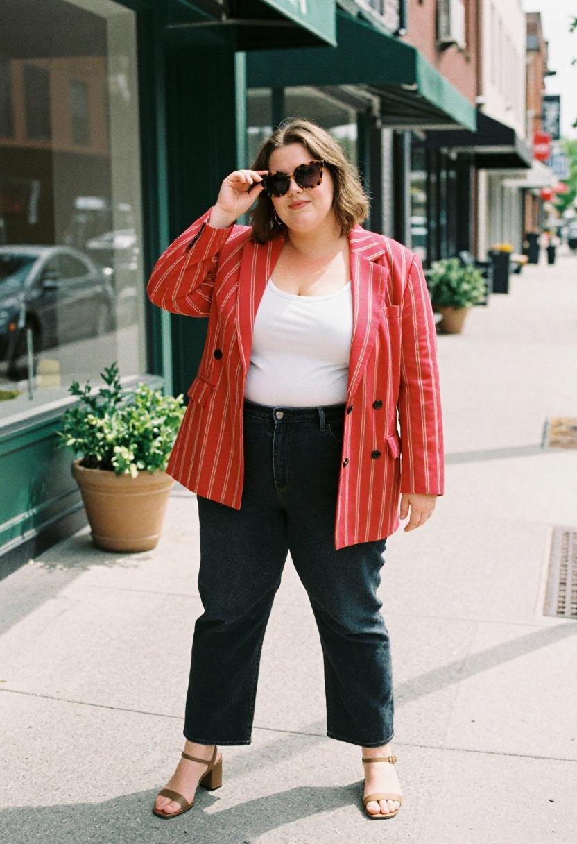Cherry-red striped blazer worn open over white tank for urban curvy casual style