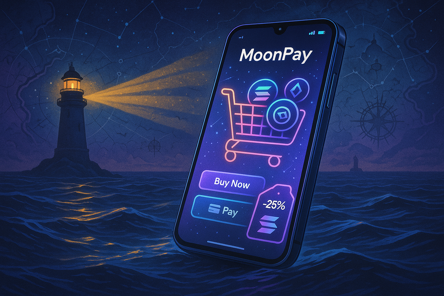 Illustration of MoonPay commerce app integration with Solana Mobile’s Seeker device, highlighting seamless crypto payments