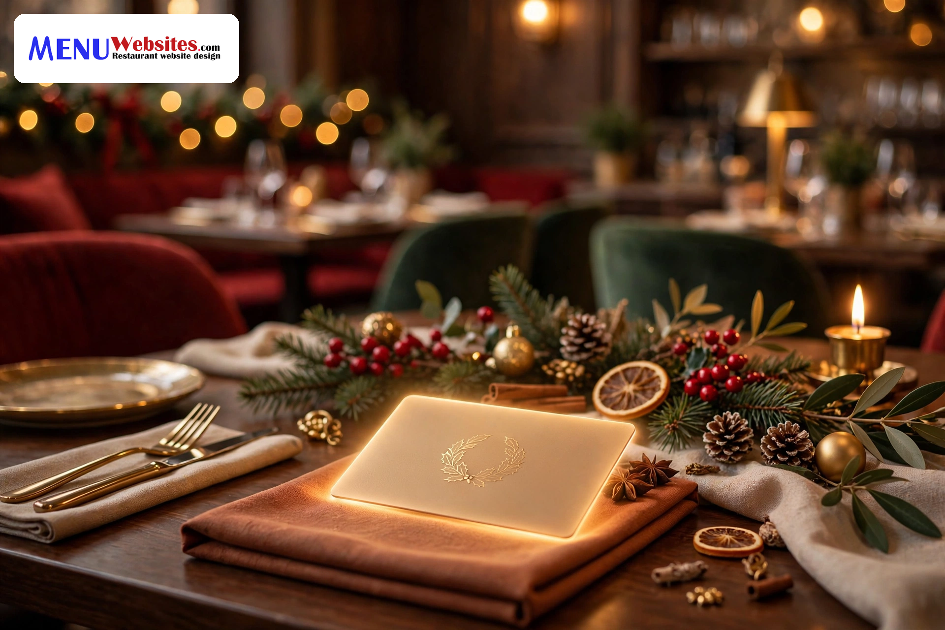 Glowing digital gift card on a festively decorated restaurant table with holiday decorations