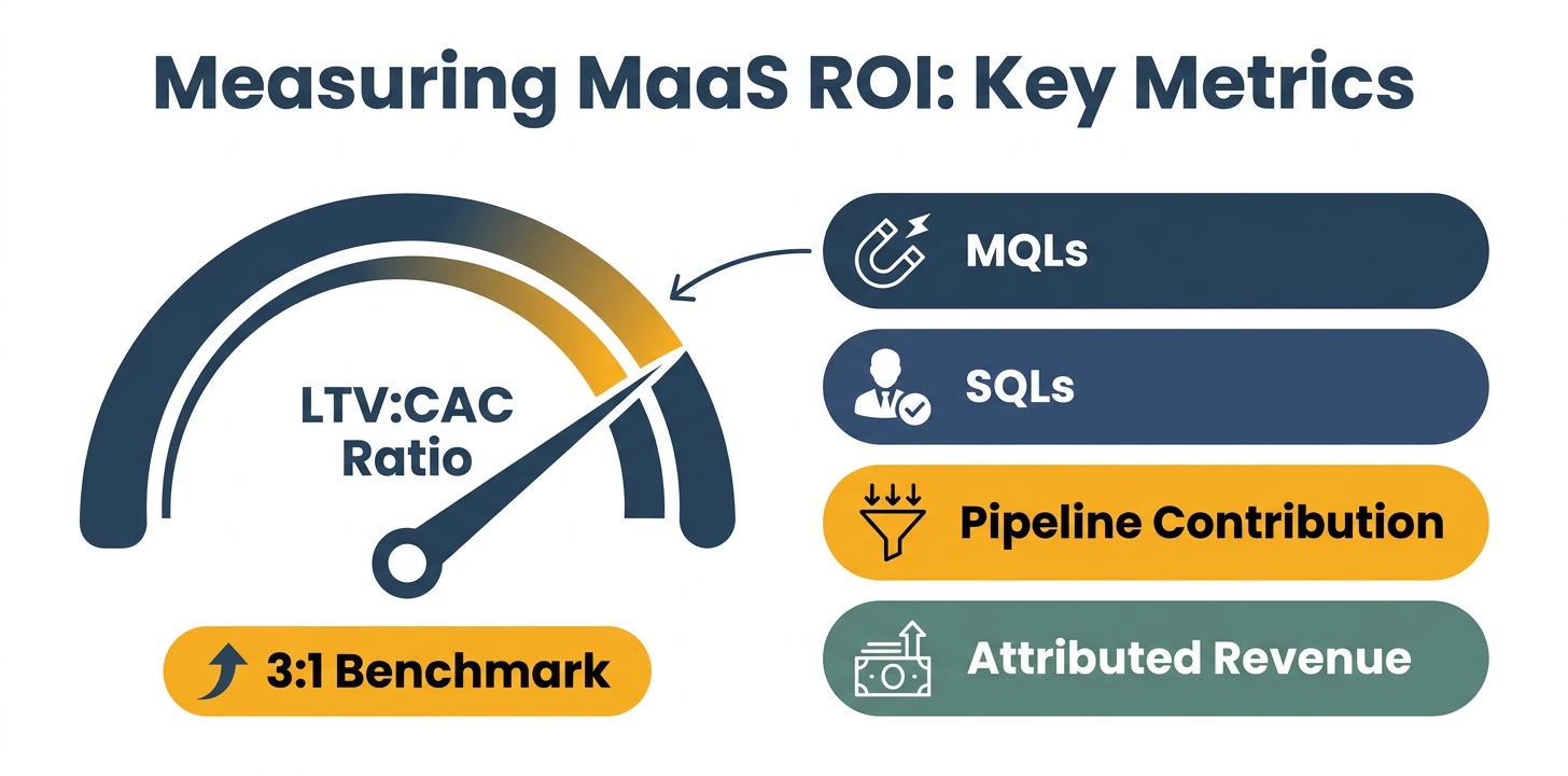 ROI measurement infographic showing LTV to CAC ratio gauge at 3-to-1 benchmark alongside key marketing metrics: MQLs, SQLs, Pipeline Contribution, and Attributed Revenue