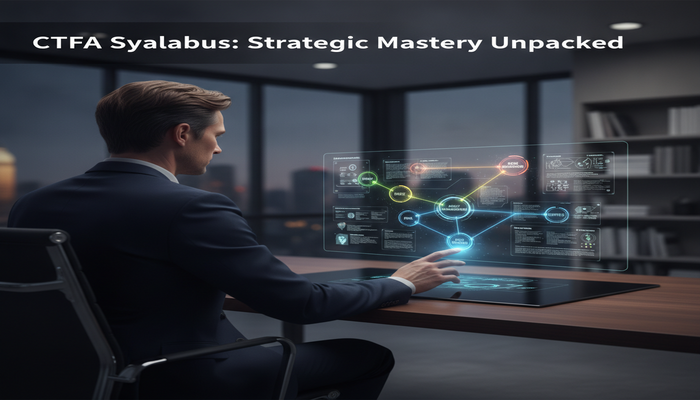 CTFA Syllabus: Strategic Mastery Unpacked A professional analyzing a holographic, complex syllabus blueprint, symbolizing strategic preparation for the CTFA trust fiduciary advisor cert exam.