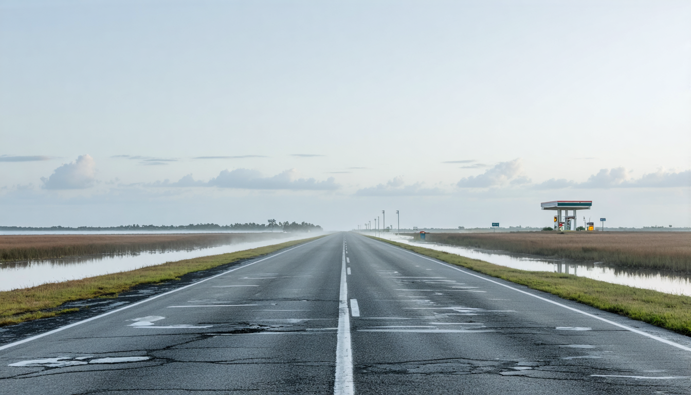 An empty highway at dawn, two lanes cutting through flat marshland under a pale sky, a distant gas station sign.